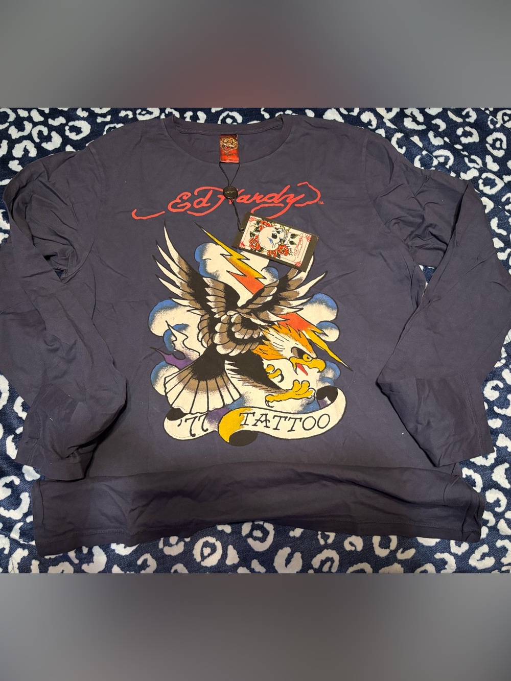 Ed Hardy Navy Long Sleeve Tattoo Eagle Shirt with Red Logo